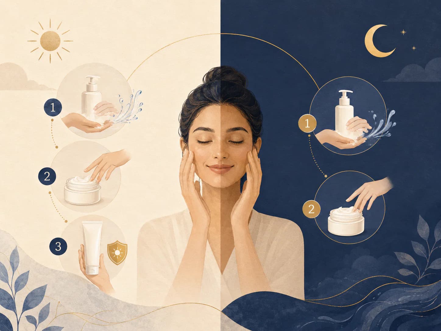A clear morning-and-evening skincare sequence built around a small number of purposeful steps.