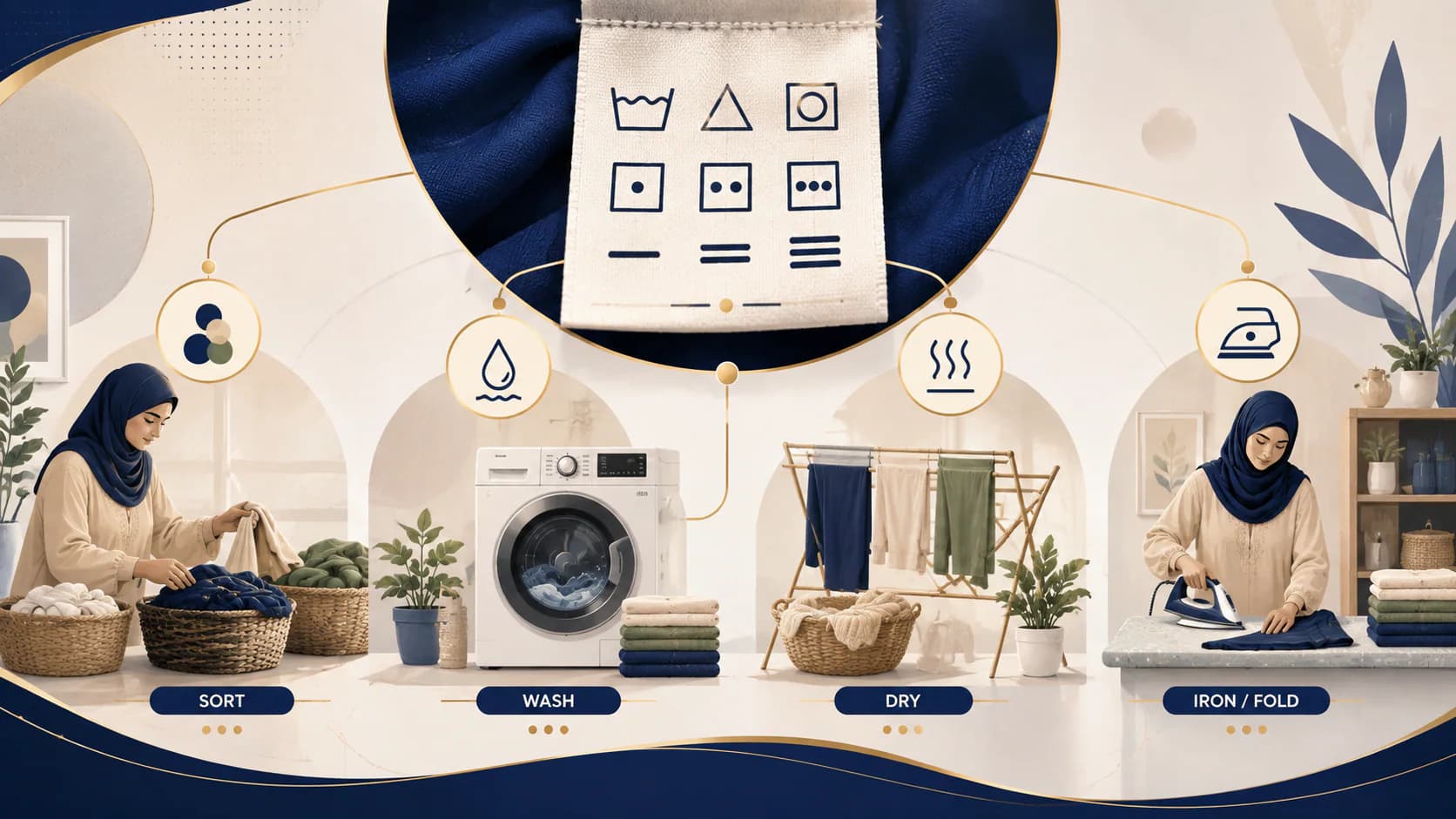 A garment label guides washing, drying and finishing decisions before the load begins.