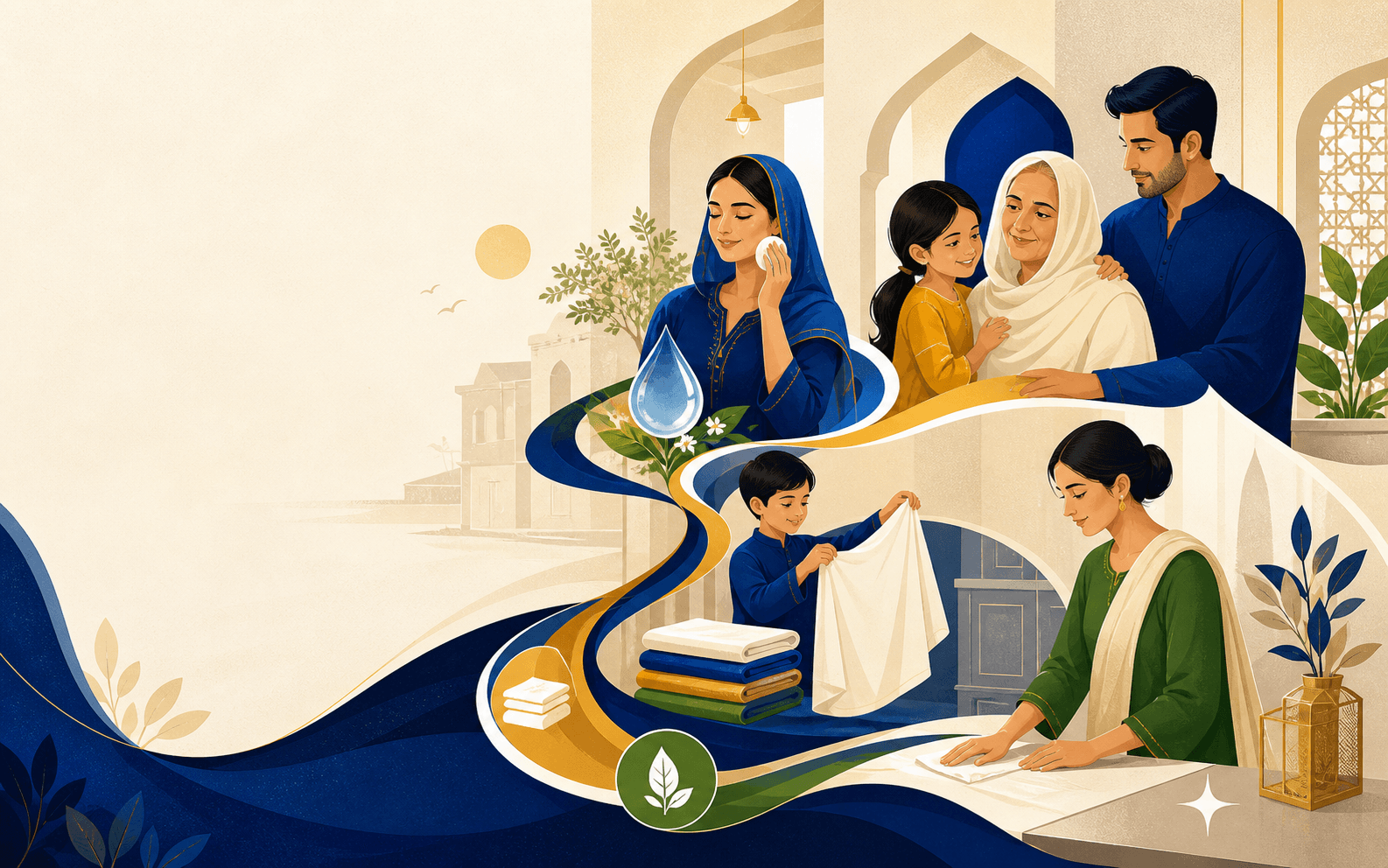 Modern illustration of personal, family and home care in everyday Pakistani life