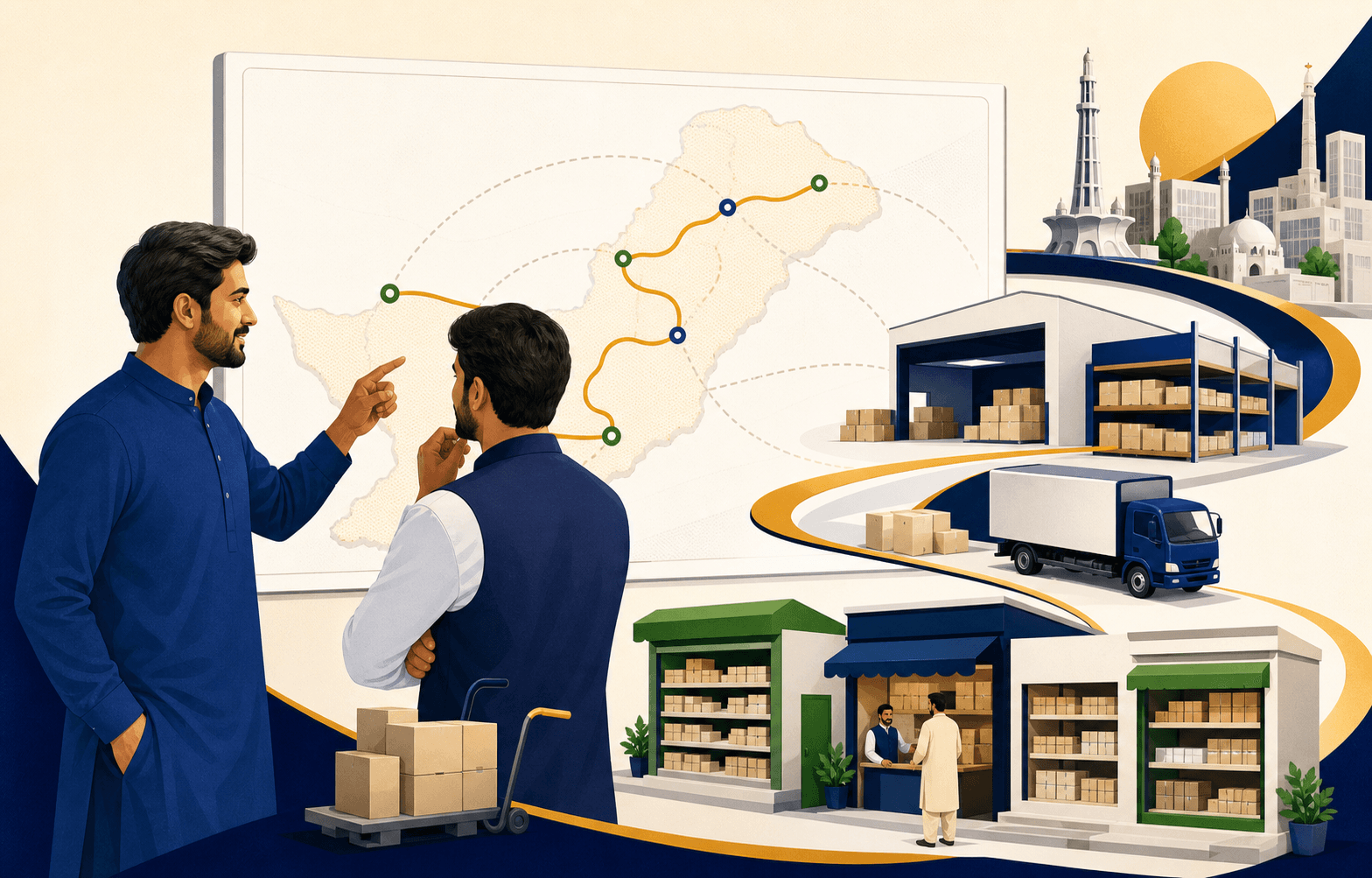 Illustration of distribution connecting warehouses, transport and retail